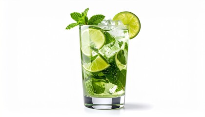 Side view of a refreshing sparkling mojito cocktail served in a clear glass with lime, mint leaves, and ice on an isolated white background. Perfect for summer, beverage, and cocktail themes.