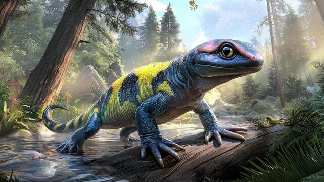 Colorful Lizard on a Log in a Mystical Forest Scene with Soft Lighting and Greenery Surrounding Water Stream