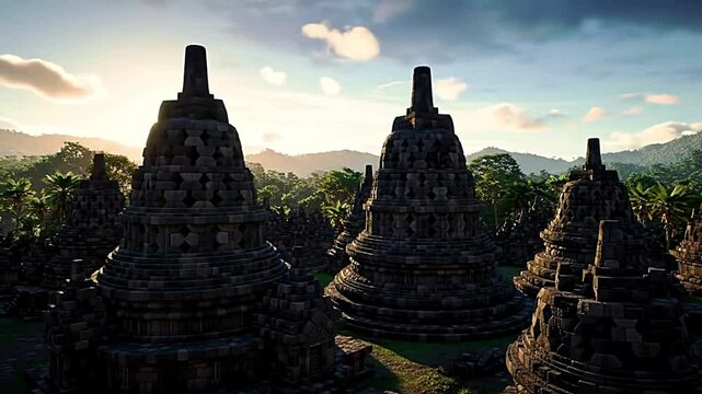 Indonesian temple ruins bathed in golden sunset light. Majestic stone structures evoke a sense of history, spirituality, and timeless beauty.