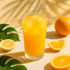 Front view flatlay of a transparent glass filled with orange juice, with visible ice cubes and water condensation on the outside of the glass. Set in a bright summer-themed background 