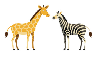 Fototapeta premium Cartoon Giraffe and Zebra Illustration Featuring Striped Fur and Yellow Spot Patterned Skin