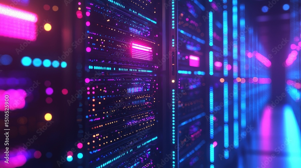 Leinwandbilder vibrant glowing server racks in a futuristic data center with pink and blue lighting, ideal for show
