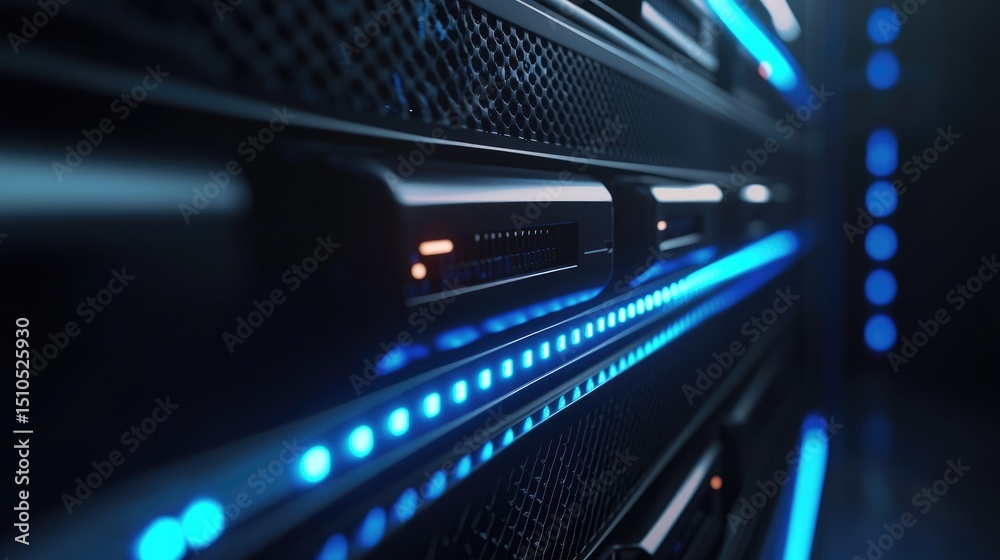 Poster closeup of glowing server hardware in blue-lit data center, highlighting modern data processing, clo