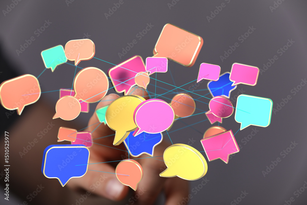 Poster abstract image of interconnected speech bubbles, symbolizing communication and networking.