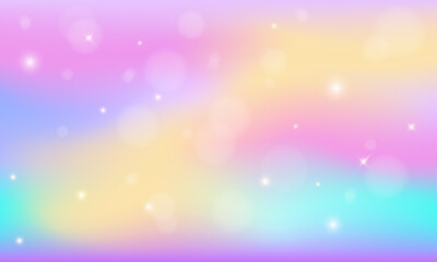 Gradient rainbow background with bokeh and shine stars. Hologram iridescent magical sparkle backdrop.