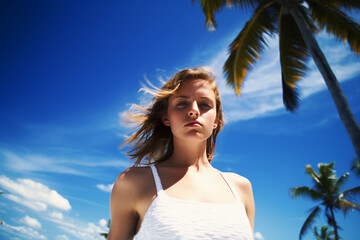 Young woman enjoying summer sun under palm trees and blue sky