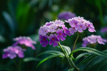 Close-up of purple flowers blooming in dense jungle, with vivid colors and a green backdrop. Tropical botanical diversity.