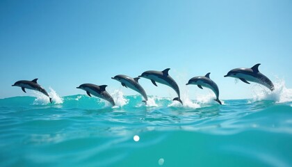 Obraz premium A group of playful dolphins leaps from turquoise ocean waves beneath a clear, sunny sky in summer.