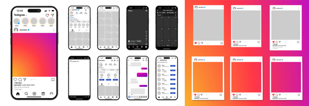 Instagram social media posts layout mobile phone mockup template, Instagram scroll frame pages, messages, friends, reels, followers. Full 2025 updated set