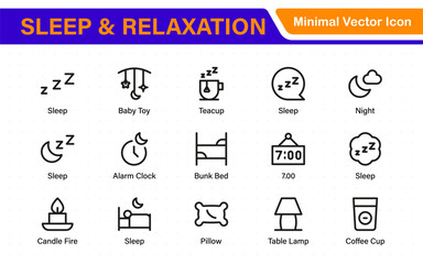 Sleep and Relaxation Icon Collection. Perfect for Wellness Apps, Meditation Tools, Sleep Aids, Stress Relief Techniques, and Calm Living Spaces.