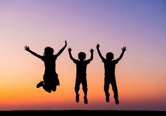 Silhouettes of Children Jumping Joyfully Against a Simple Gradient Sunset Sky Orange and Purple Hues Childrens Day Freedom and Happiness