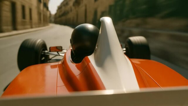 A view of an old school racing car, racing through a street circuit