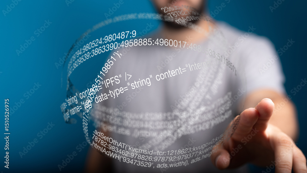 Poster a man interacts with a sphere of digital data, showcasing technology and innovation.