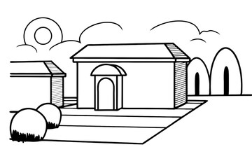 Line art house scene hand drawn illustration of a cozy home trees sunlight clouds minimalist countryside drawing rural