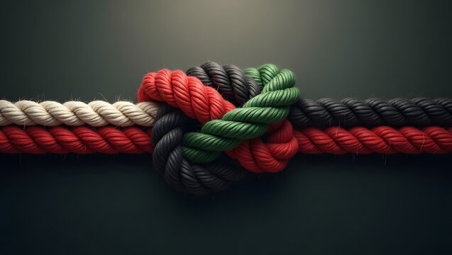 Bold Kenyan unity knot with red, green, black, and white ropes symbolizing national resilience