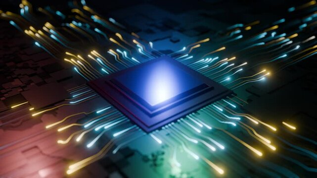 未来の高度な技術と革新を象徴する回路基板上のAIマイクロチップ