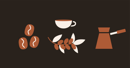 Coffee beans, cup, cezve pot, and coffee branch with leaves and berries. Flat vector illustration on dark background.