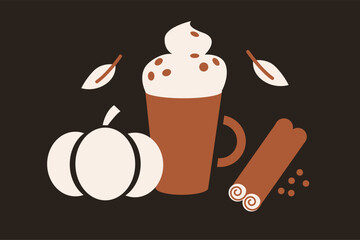 Pumpkin spice coffee with whipped cream, cinnamon sticks, pumpkin, and falling leaves. Autumn drink and seasonal beverage concept for design and print.