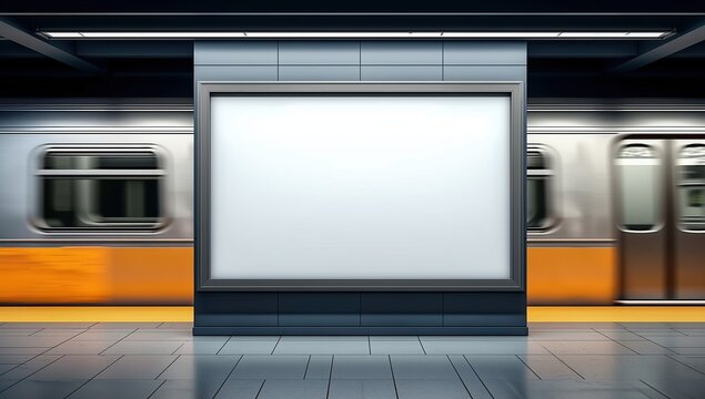 3D rendering of blank illuminated billboard in New York subway station with moving train passing platform. Urban underground transportation concept, advertising opportunity space, dynamic metro enviro