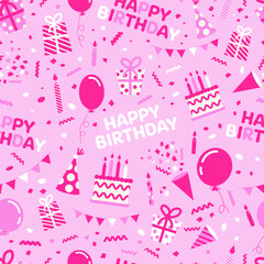 Seamless pattern with birthday cakes, balloons, candles, confetti, gifts, and “Happy Birthday” text on pink background