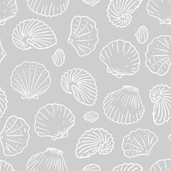 Seamless pattern of sea shells in various shapes on a light grey background. Hand-drawn vector illustration.