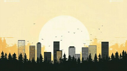 wildfire and architecture concept. Urban skyline silhouette against a large sunset backdrop.