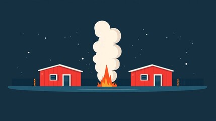 wildfire and architecture concept. Illustration of two red buildings and a fire with smoke on a dark background.