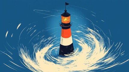 wildfire and architecture concept. Lighthouse surrounded by swirling water in a vibrant illustration.