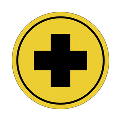 Circle yellow sticker. First aid. Hospital doctor sign logo. Circle yellow sign. Medical sticker.