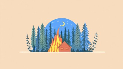 wildfire and architecture concept. Burning cabin surrounded by trees under a night sky.