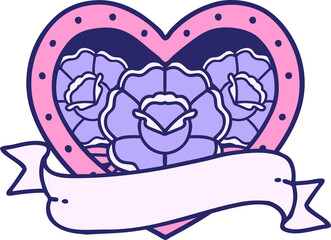 iconic tattoo style image of a heart and banner with flowers