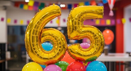65th Birthday, Shiny gold number balloons surrounded by festive colorful decor, perfect for birthday or anniversary designs, party invitations, or celebration-themed graphics.
