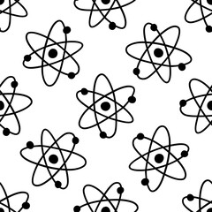 Seamless pattern with atom symbol. Education theme, chemistry or physics, biotechnology, quantum energy. Vector black and white illustration hand drawn doodle. Print for textile or paper