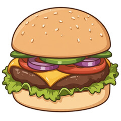 Delicious cheeseburger with lettuce, tomato, onion, and cheese, vibrant colors, perfect for food menus and advertisements. Isolated on white background or PNG