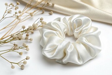 Beautiful white silk scrunchie isolated on white background