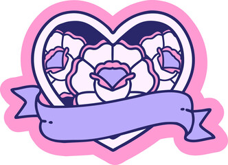 sticker of tattoo in traditional style of a heart and banner with flowers