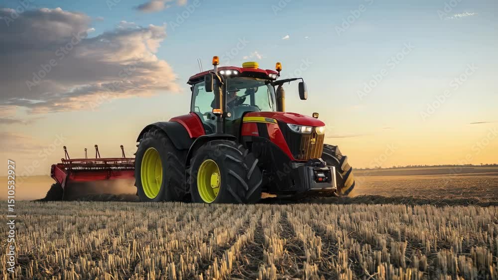 Poster red tractor working in a field at sunset.