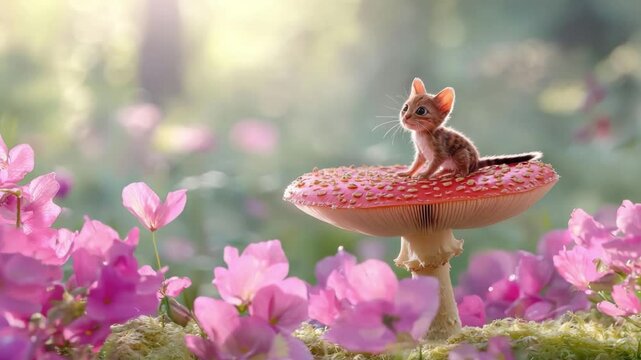 Adorable small creature perched on colorful mushroom surrounded by vibrant flowers in dreamy natural environment