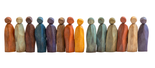 Row of colorful wooden figures isolated on transparent background