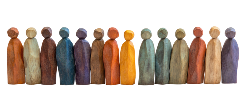 Row of colorful wooden figures isolated on transparent background