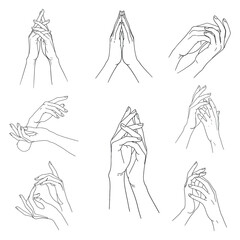 Elegant Continuous Line Art Hand Gestures Set - Minimalist Vector Drawings of Intertwined Human Hands