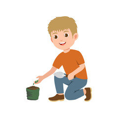 Cute boy planting seeds in pots, world environment day vector illustration