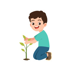 Cute little boy planting tree seedlings