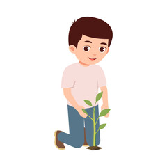 Cute boy planting tree seedlings, world environment day vector illustration