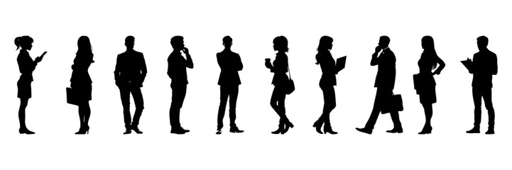 Business Professionals In Various Poses Silhouette Icon Set. Corporate Interaction And Communication Symbol Collection. Office And Workplace Visuals. Isolated Vector Illustration