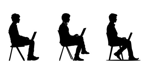 Seated Men Using Laptops Silhouette Icon Set. Office Work And Technology Engagement Symbol Collection. Business And Remote Work Visuals. Isolated Vector Illustration