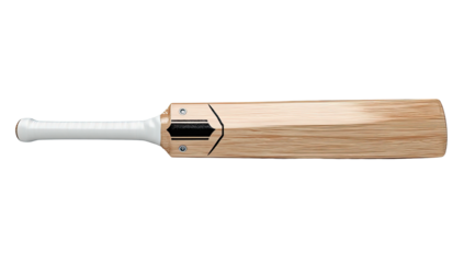 Wooden cricket bat, light brown, white handle