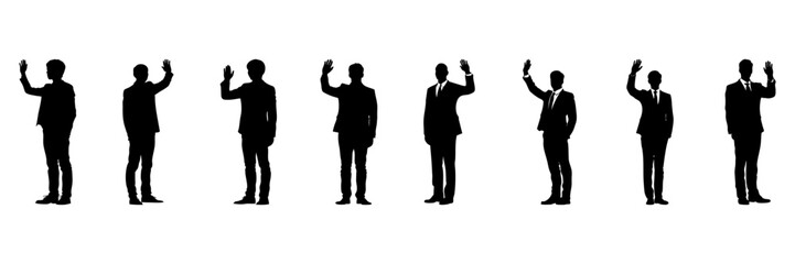 Fototapeta premium Businessmen Waving Silhouette Icon Set. Greeting And Communication Gesture Symbol Collection. Professional And Corporate Visuals. Isolated Vector Illustration