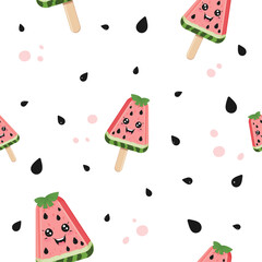 Seamless Pattern with Cute Watermelon Ice Cream Characters on Light Background – Vector Design for National Watermelon Day, Summer Decor, Kids Textile and Seasonal Holiday Projects
