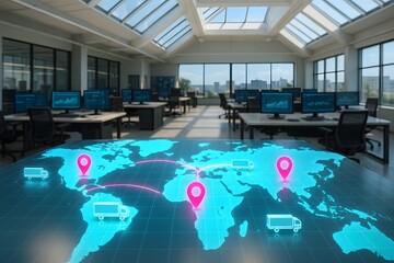 Global Logistics Office with a World Map Projection